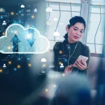woman working for home via cloud technology on her mobile phone